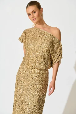 Fashion Amiri Off Shoulder Maxi Dress in Gold Sequin Dresses|Party