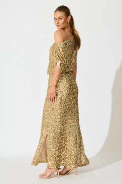 Fashion Amiri Off Shoulder Maxi Dress in Gold Sequin Dresses|Party
