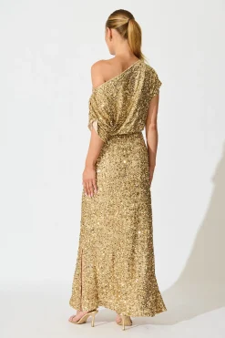 Fashion Amiri Off Shoulder Maxi Dress in Gold Sequin Dresses|Party