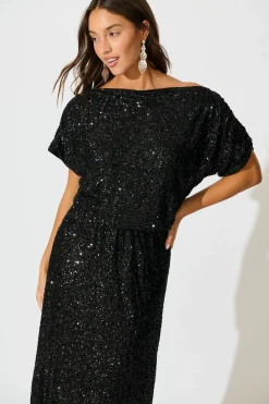 Discount Amiri Off Shoulder Maxi Dress in Black Sequin Dresses|Party