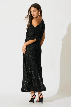 Discount Amiri Off Shoulder Maxi Dress in Black Sequin Dresses|Party