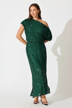 Discount Amiri Off Shoulder Maxi Dress in Emerald Sequin Dresses|Party