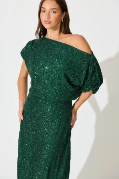 Discount Amiri Off Shoulder Maxi Dress in Emerald Sequin Dresses|Party