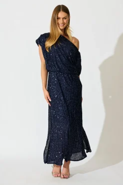 Sale Amiri Off Shoulder Maxi Dress in Navy Sequin Dresses|Party