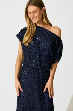 Sale Amiri Off Shoulder Maxi Dress in Navy Sequin Dresses|Party