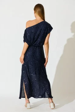 Sale Amiri Off Shoulder Maxi Dress in Navy Sequin Dresses|Party