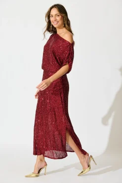 Hot Amiri Off Shoulder Maxi Dress in Wine Sequin Dresses|Party