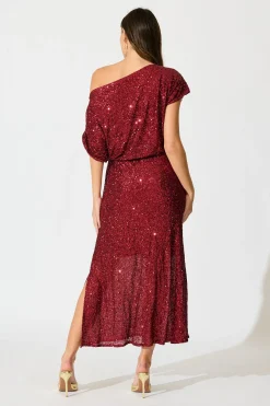 Hot Amiri Off Shoulder Maxi Dress in Wine Sequin Dresses|Party