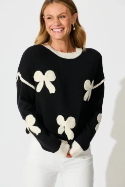 Fashion Amory Knit in Black with Cream Bows Wool Blend Knitwear|Knitwear