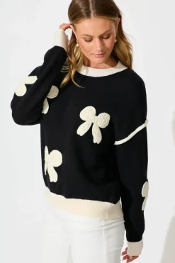 Fashion Amory Knit in Black with Cream Bows Wool Blend Knitwear|Knitwear