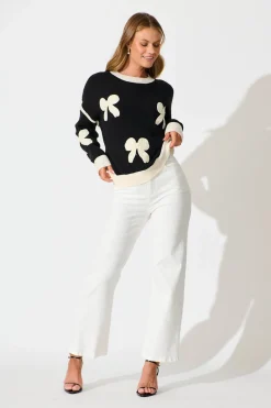 Fashion Amory Knit in Black with Cream Bows Wool Blend Knitwear|Knitwear