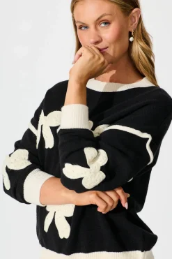 Fashion Amory Knit in Black with Cream Bows Wool Blend Knitwear|Knitwear