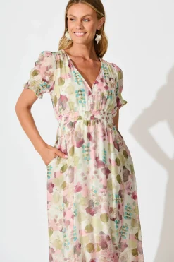 Sale Anabelle Midi Dress in Sage with Blush Watercolour Dresses|Casual