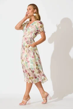 Sale Anabelle Midi Dress in Sage with Blush Watercolour Dresses|Casual