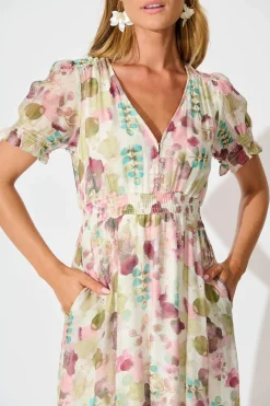Sale Anabelle Midi Dress in Sage with Blush Watercolour Dresses|Casual