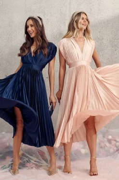 Outlet Anetta Midi Dress In Pleated Navy Satin Dresses|Formal