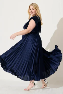 Outlet Anetta Midi Dress In Pleated Navy Satin Dresses|Formal