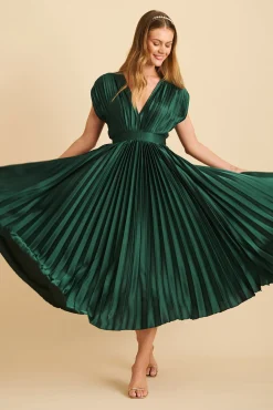 Clearance Anetta Midi Dress In Pleated Emerald Satin Dresses|Formal
