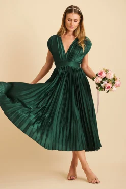Clearance Anetta Midi Dress In Pleated Emerald Satin Dresses|Formal