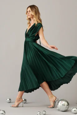 Clearance Anetta Midi Dress In Pleated Emerald Satin Dresses|Formal