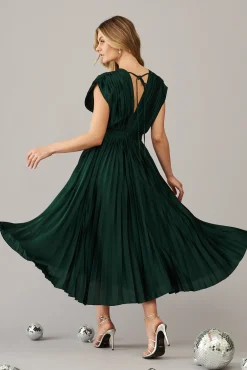 Clearance Anetta Midi Dress In Pleated Emerald Satin Dresses|Formal