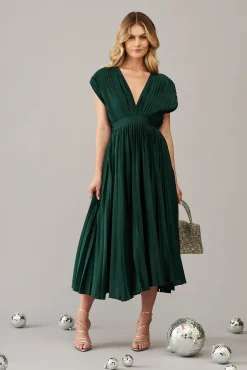 Clearance Anetta Midi Dress In Pleated Emerald Satin Dresses|Formal