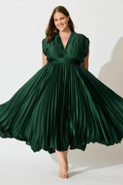 Clearance Anetta Midi Dress In Pleated Emerald Satin Dresses|Formal