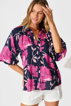 Online Anita Shirt In Navy with Pink Floral Tops|Casual