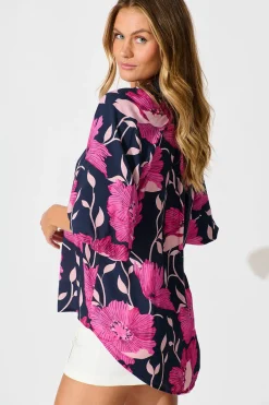 Online Anita Shirt In Navy with Pink Floral Tops|Casual