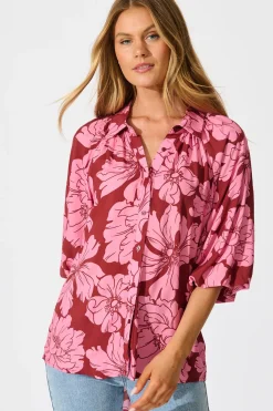 Hot Anita Shirt In Wine with Pink Floral Tops