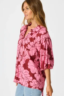 Hot Anita Shirt In Wine with Pink Floral Tops