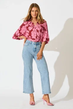 Hot Anita Shirt In Wine with Pink Floral Tops