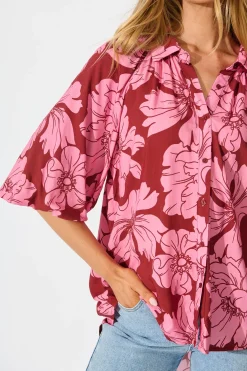 Hot Anita Shirt In Wine with Pink Floral Tops