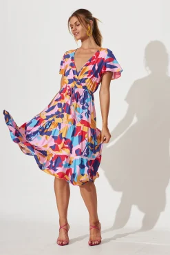 Best Aquarius Midi Dress In Bright Multi Leaf Print Dresses|Casual