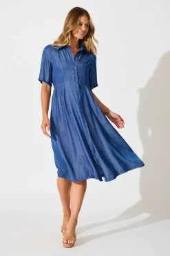 Fashion Aria Midi Shirt Dress in Blue Chambray Dresses|Casual