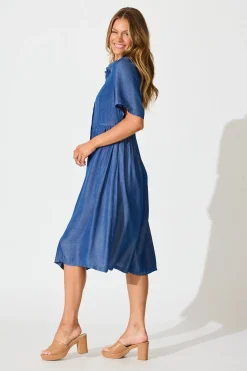 Fashion Aria Midi Shirt Dress in Blue Chambray Dresses|Casual