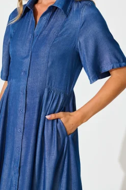Fashion Aria Midi Shirt Dress in Blue Chambray Dresses|Casual