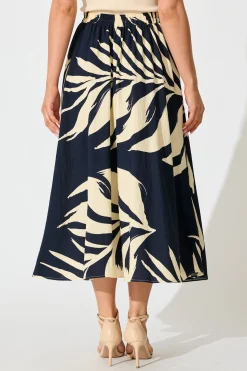 Fashion Aria Midi Skirt in Navy and Cream Leaf Print Bottoms|Skirts & Shorts