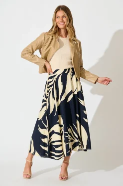 Fashion Aria Midi Skirt in Navy and Cream Leaf Print Bottoms|Skirts & Shorts