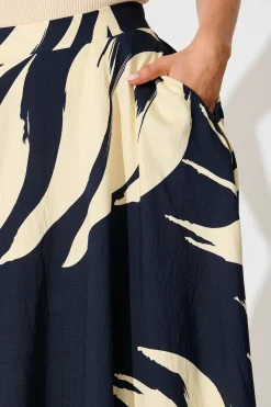 Fashion Aria Midi Skirt in Navy and Cream Leaf Print Bottoms|Skirts & Shorts
