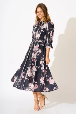 Best Art Of Bloom Midi Shirt Dress in Black with Blush Floral Linen Blend Dresses|Party