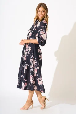 Best Art Of Bloom Midi Shirt Dress in Black with Blush Floral Linen Blend Dresses|Party