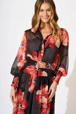 New Aubrey Midi Dress in Black and Red Flower Chiffon Dresses|Party