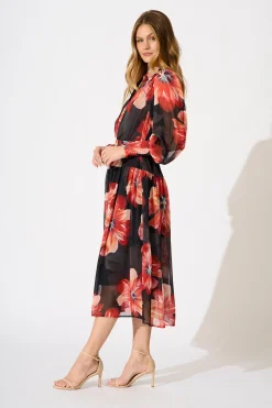 New Aubrey Midi Dress in Black and Red Flower Chiffon Dresses|Party