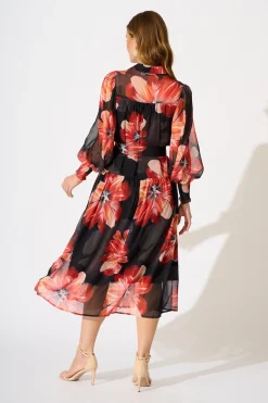 New Aubrey Midi Dress in Black and Red Flower Chiffon Dresses|Party