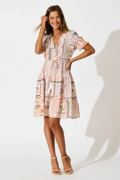 Best Aura Dress in Beige Multi Patchwork Print Dresses|Casual