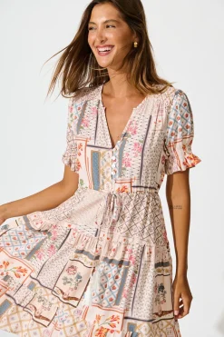 Best Aura Dress in Beige Multi Patchwork Print Dresses|Casual