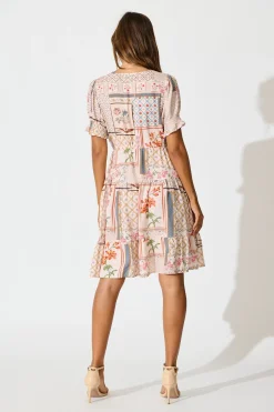 Best Aura Dress in Beige Multi Patchwork Print Dresses|Casual