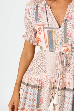 Best Aura Dress in Beige Multi Patchwork Print Dresses|Casual