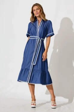 Discount Aurora Midi Shirt Dress In Blue With White Contrast Stitch Dresses|Casual